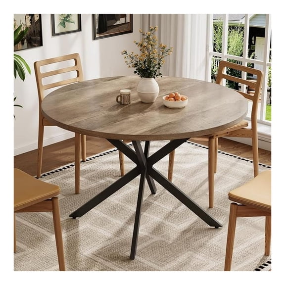 47" Round Dining Table for 4-6 People, Farmhouse Wood Kitchen Table for Small Space, Circle Dining Table with Metal Base for Kitchen & Living Room,