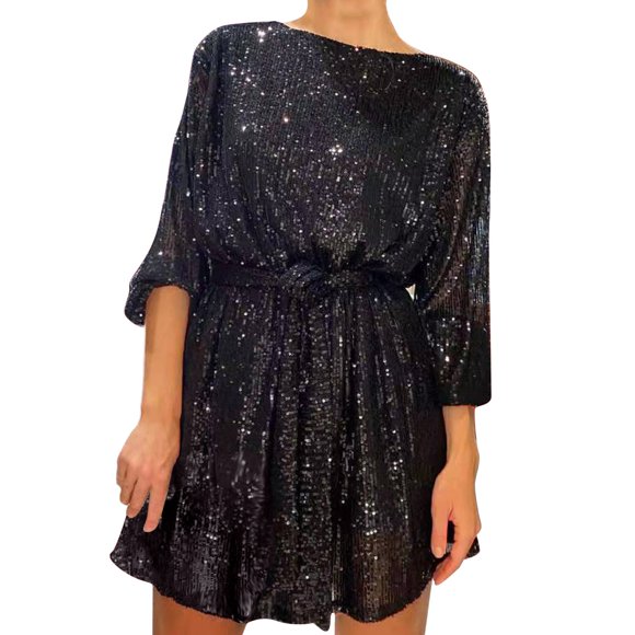 WTXUE Sequin Dress for Women, Women's Holiday Party Sequin Beaded Lace Up Long Sleeved Dress es, Black Midi Dress, Black 2XL