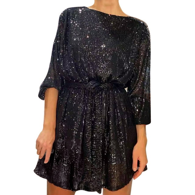 Kcodviy Robe Trapèze à Paillettes pour Femme pour Fête de Vacances Été Femme Perlée à Lacets Longue Longueur Genou Robes d'Été Robe à Manches Robes