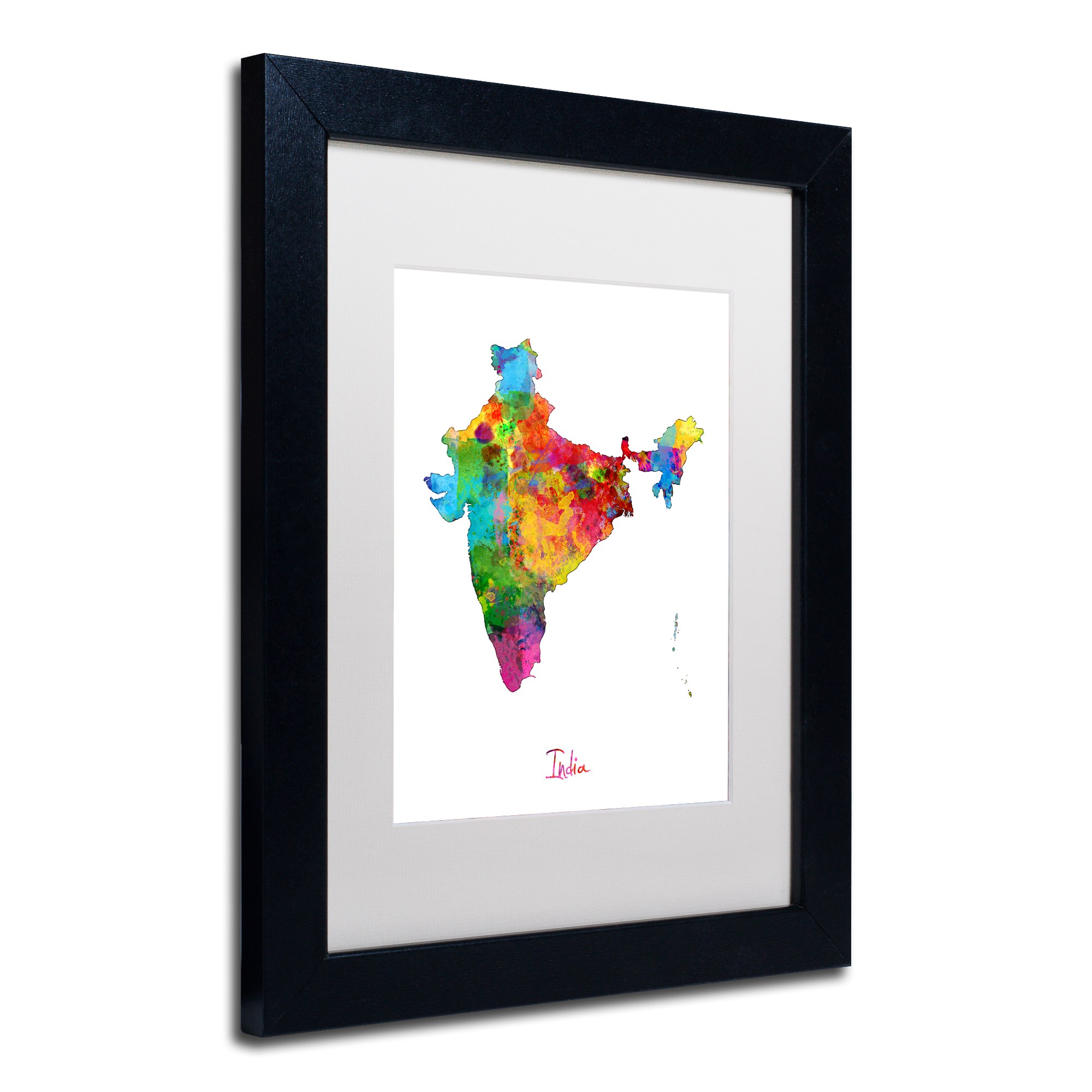 Trademark Fine Art "India Watercolor Map" Canvas Art by Michael Tompsett White Matte, Black Frame