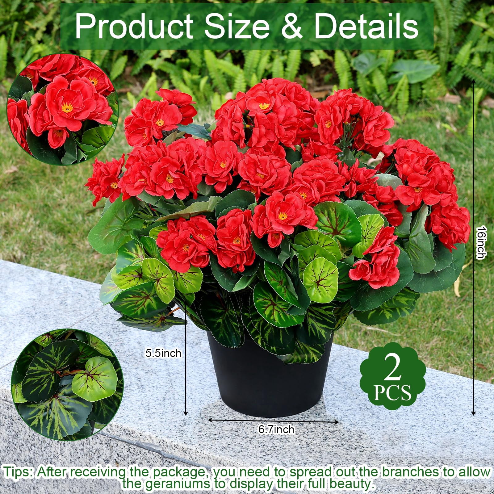 Set of 2 Artificial Flowers Potted for Outdoor, Pre-Made Faux Geranium Plants in Pots UV Resistant Pink Silk Fake Flower Large Potted Plant for Gardens Yards Patios Paths Home Decor - Pink