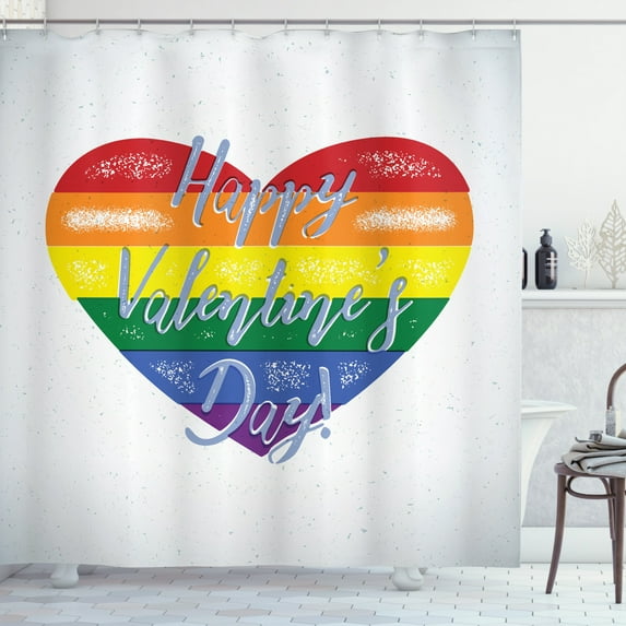 Vintage Rainbow Shower Curtain, Happy Valentine`s Day Quote on Distressed Colorful Heart Gay Couples LGBTI, Fabric Bathroom Set with Hooks, 69W X 84L Inches Extra Long, Multicolor, by Ambesonne
