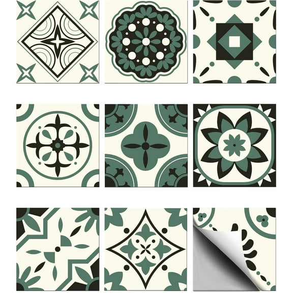 Waterproof PVC Tile Stickers for Kitchen Bathroom Waterprrof Wall Tiles Square with Flower Pattern Dark Olive Green 100x100mm 36pcs/set