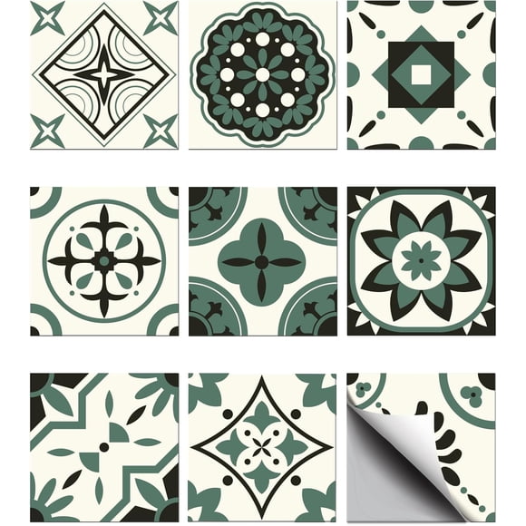 36pcs 9 Styles Moss Green Pattern Tile Stickers Waterproof Tile Stickers Square with Flower Pattern for Kitchen Bathroom Bedroom Wall Floor Decoration Dark Olive Green 4x4 inch
