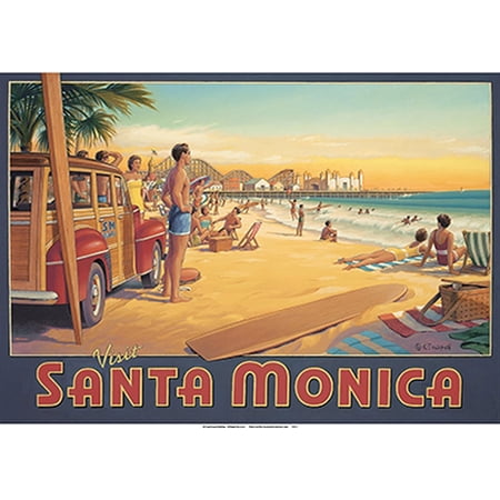 Visit Santa Monica - California - Santa Monica Pier - Vintage Travel Poster by Kerne Erickson - Master Art Print 10in x 14in