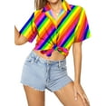 thumbnail image 2 of LA LEELA Women's Button Down Blouses Casual Summer Beach Party Blouses Shirt Hawaii Blouse Short Sleeve Vacation Dress Hawaiian Shirts for Women S Cross Stripes, Multicoloured, 2 of 4