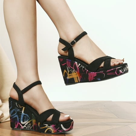 

Fashion Ladies Brush Print Platform Wedge Sandals
