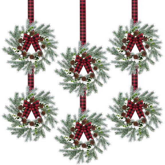 Guvpev 6 Pieces 10" Mini Christmas Wreath with Red Berry, Cabinet Wreaths for Kitchen, Small Christmas Wreath with Red and Black Plaid Bow, Farmhouse Wreath for Holiday Xmas Party Decorations