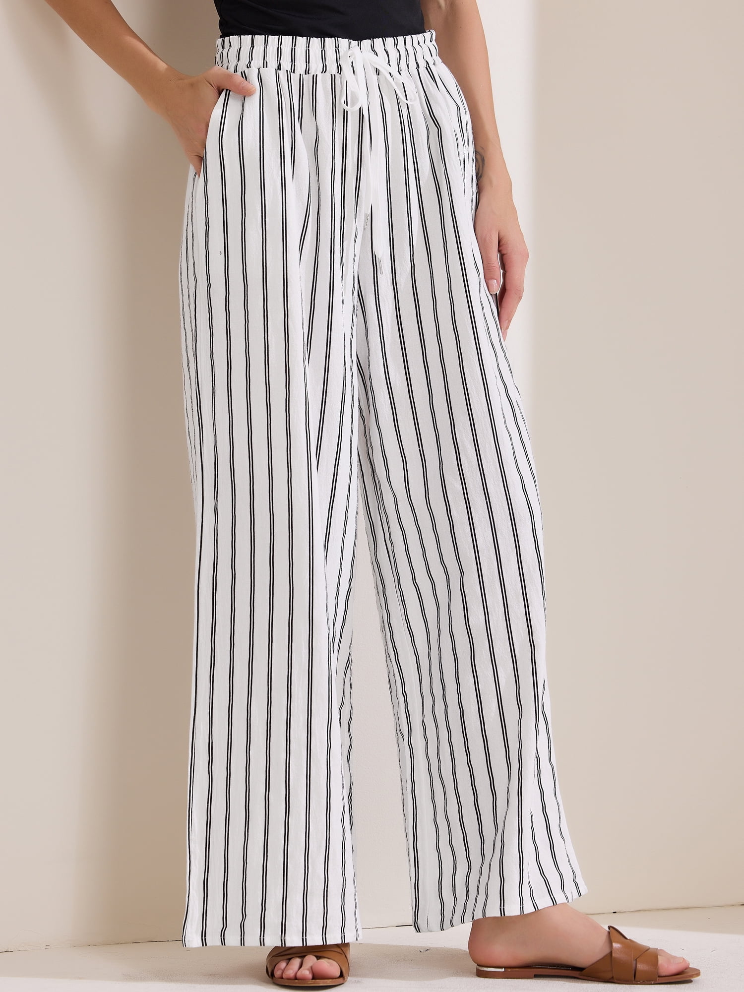 DARING DIVA Women's Stripe Casual Drawstring Wide Leg High Waist Pants S White
