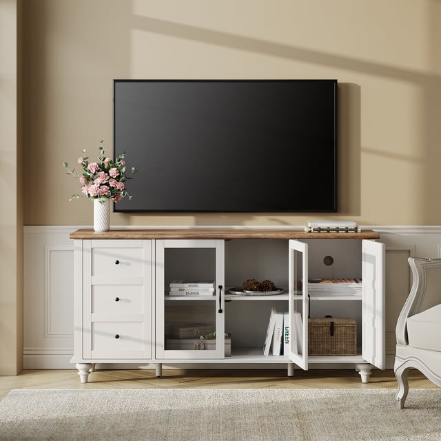 WAMPAT Farmhouse TV Stand, up to 75 inch, Glass and Wood, 4 Openable Storage Doors, Universal Media Console, Entertainment Center, 60-75 inch TV Table Cabinet,White&Oak