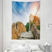 Great Wall of China Tapestry, Legendary Dynasty Monument on Cliffs Historical Countryside Art Design, Wall Hanging for Bedroom Living Room Dorm Decor, 60W X 80L Inches, Grey Blue, by Ambesonne
