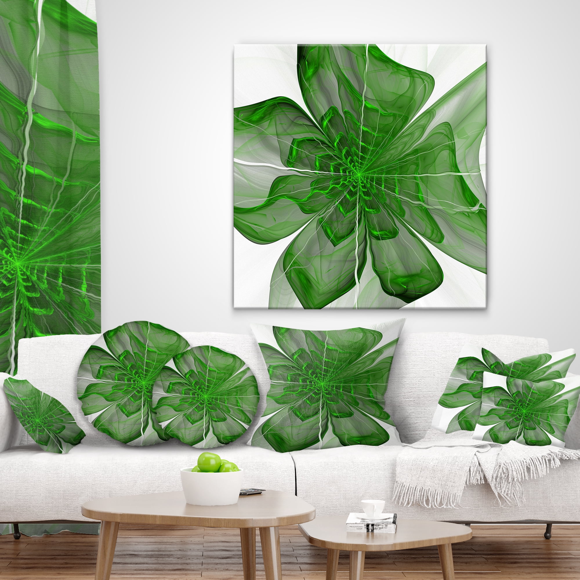 Designart Symmetrical Green Digital Fractal Flower - Floral Throw Pillow - 12x20