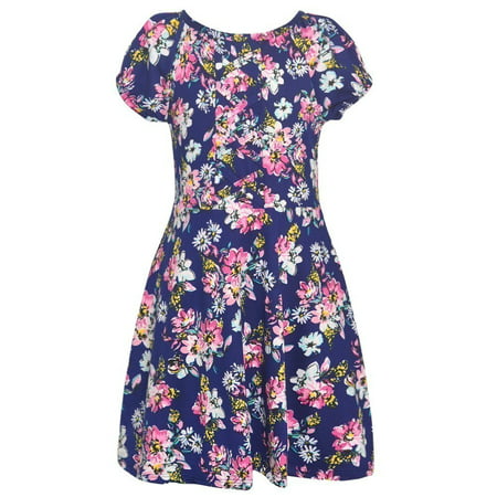 Real Love Little Girls Navy Floral Allover Print Short Sleeve Dress