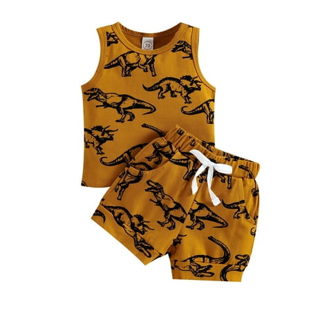 

B91xZ Baby Boys Clothing Sets Toddler Boys Girls Sleeveless Cartoon Dinosaur Printed Tops Vest Shorts Outfits Brown Size 3-6 Months