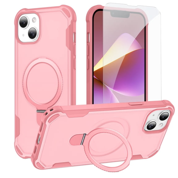 Dteck for iPhone 14 Case with Screen Protector, Compatible with MagSafe Shockproof Invisible Magnetic Ring Stand Military-Grade Heavy Duty Protection Phone Case, Pink