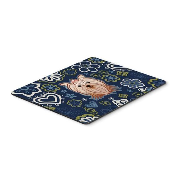 Blue Flowers Yorkie Yorkishire Terrier Mouse Pad, Hot Pad or Trivet
