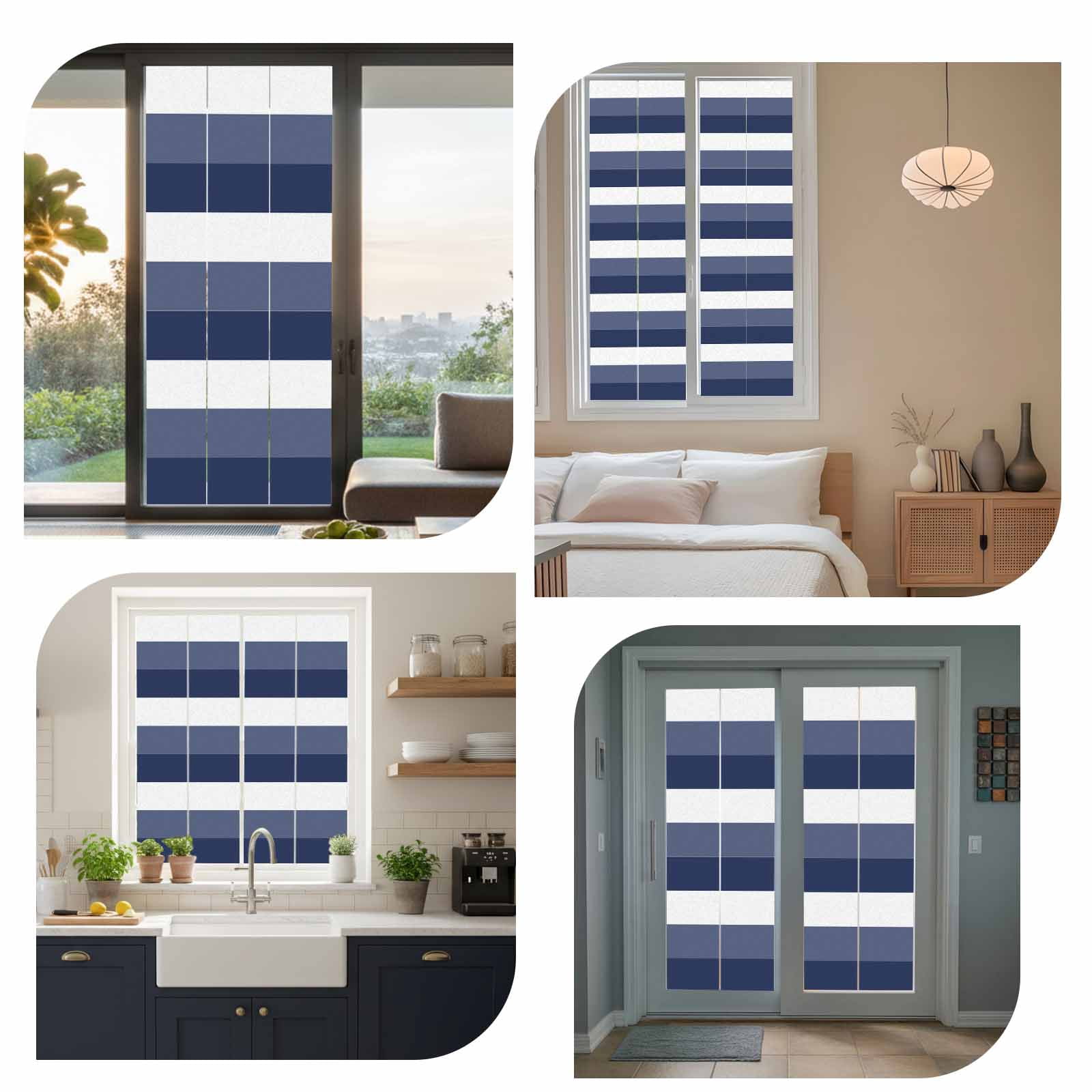 Sun Blocking Glass Window Film, Navy Blue Ombre Stripe Window Privacy Film Frosted, Abstract Art Modern Blue Striped Reusable Windows Privacy Sticker for Home Decor, Nursery, 23.6 x 78.7 Inches