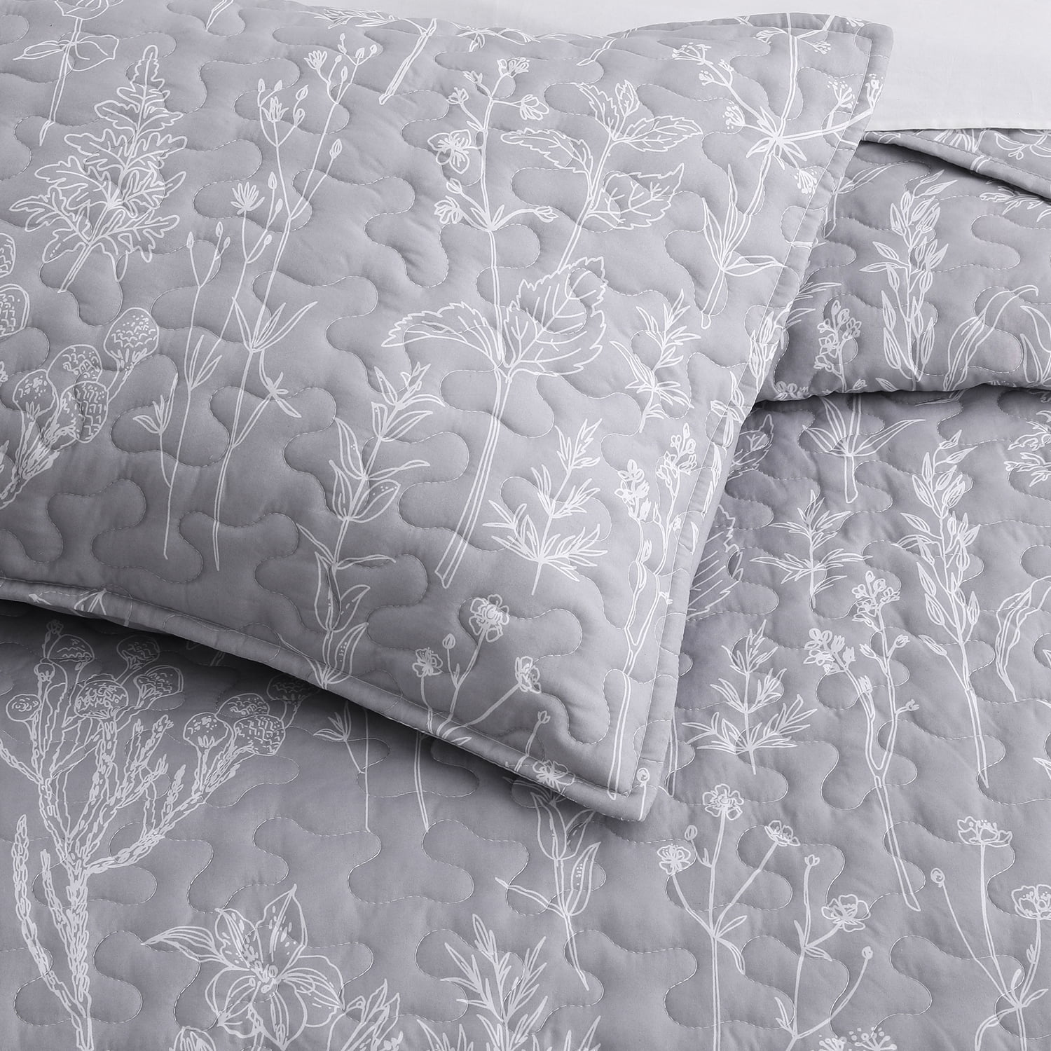 SLEEPBELLA Grey Quilt Set King Size 3Pcs, Grey Printed with White Botanical Pattern, All Season Lightweight Coverlet Sets(King 106x96, Grey Botanical)