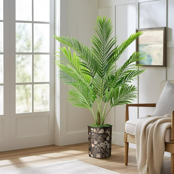 Artificial Tree in Exotic Floral Pattern Planter, Fake Areca Tropical Palm Silk Tree for Indoor and Outdoor Home Decoration - 57" Overall Tall (Plant Plus Tree)