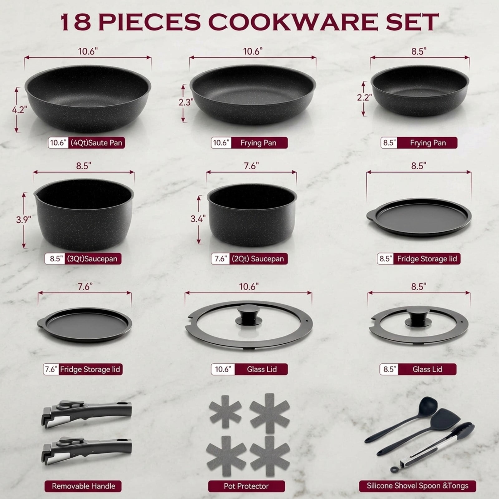 Fenbeli 18-Piece Ceramic Nonstick Cookware Set with Removable Handles, Stackable Pots and Pans, Fridge Storage Lids, Pot Protectors, Induction Compatible