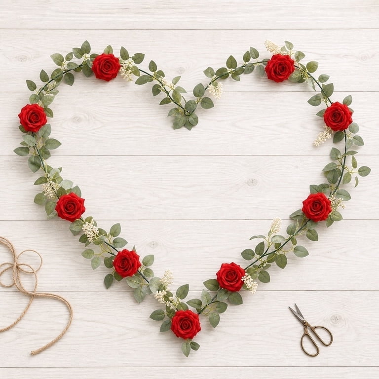 Artificial Red Rose Garland, Faux Floral Vine with Berries 