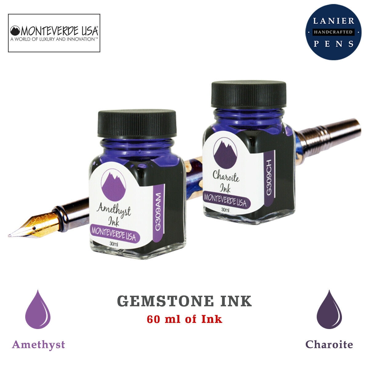 Monteverde 60ml Gemstone Fountain Pen Ink Bottle (30ml Amethyst Ink Bottle G309AM, 30ml Charoite Ink Bottle G309CH)