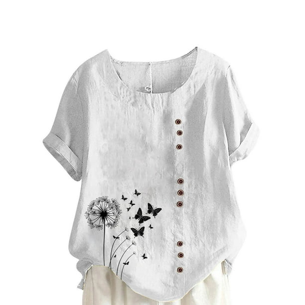 Vestidos Casuales Para Mujer, Blusas De Mujer De Moda Blusa informal de lino con cuello redondo, manga corta y botones para mujer
