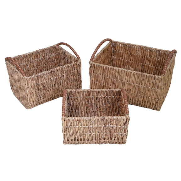 Rectangular Woven Water Hyacinth Baskets with PU Leather Wrapped Handles 3 Piece Set