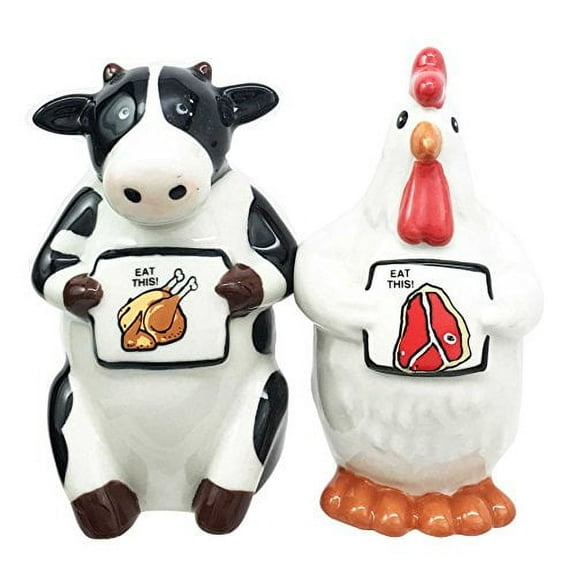 Bovine Cow and Chicken Hen Holding Eat Chicken Eat Beef Sign Salt Pepper Shaker Set Ceramic Home and Kitchen Accessory