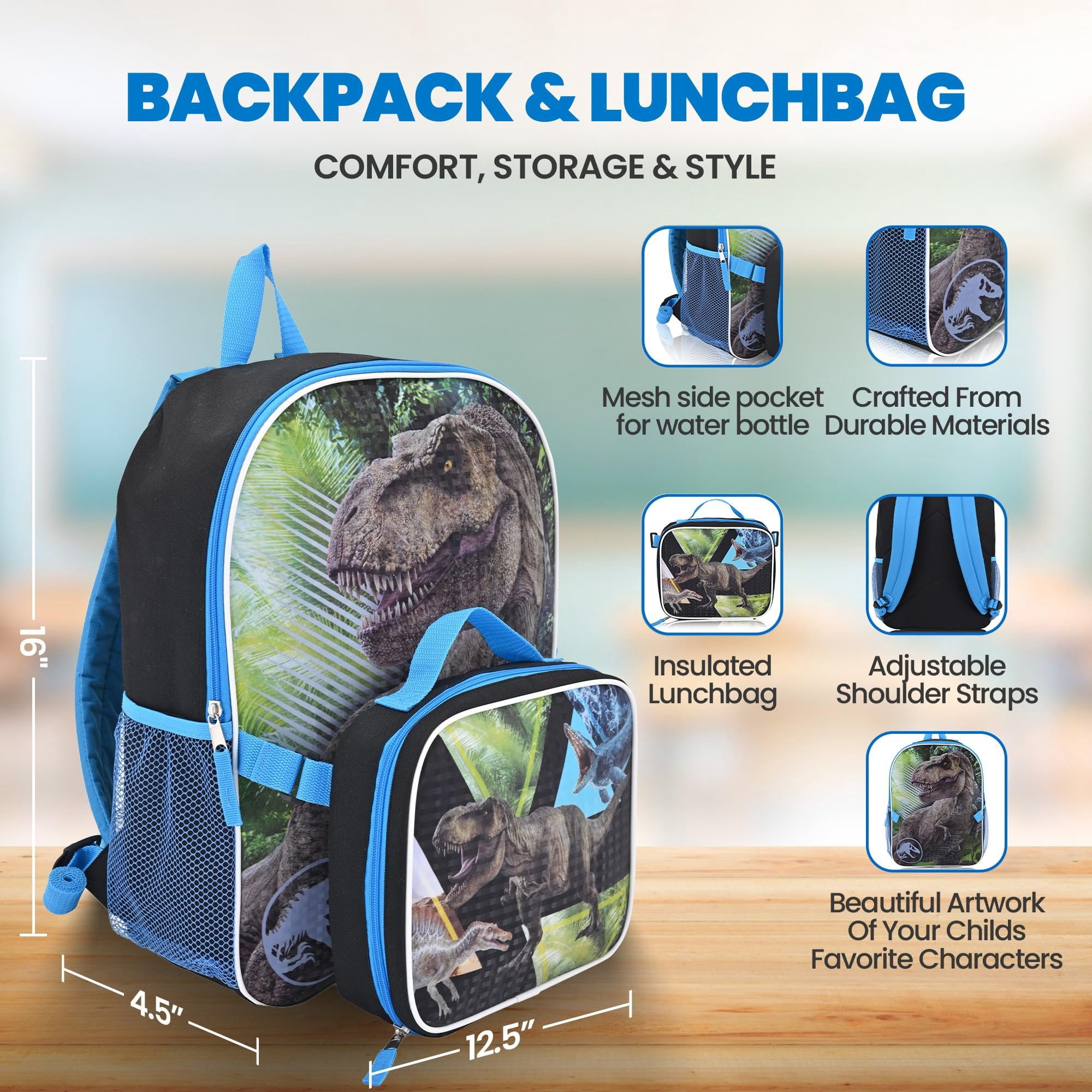 Fast Forward Jurassic Park 16" Backpacks With Lunch Bag - Licensed Characters Kids Schoolbag
