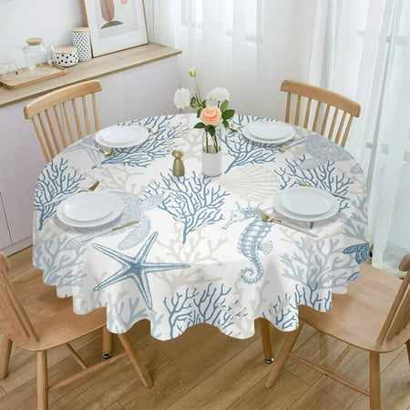 

Marine Coral Shells StarSea Turtles Seahorses Blue Round Waterproof Tablecloth Home Decor Table Cover Party Table Cloth