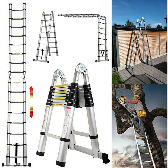 16.5FT Aluminum Telescoping Extension Ladder 330lbs Max Capacity Lightweight Portable Multi-Purpose Folding with Support Bar Anti-Slip EN131 Certificated