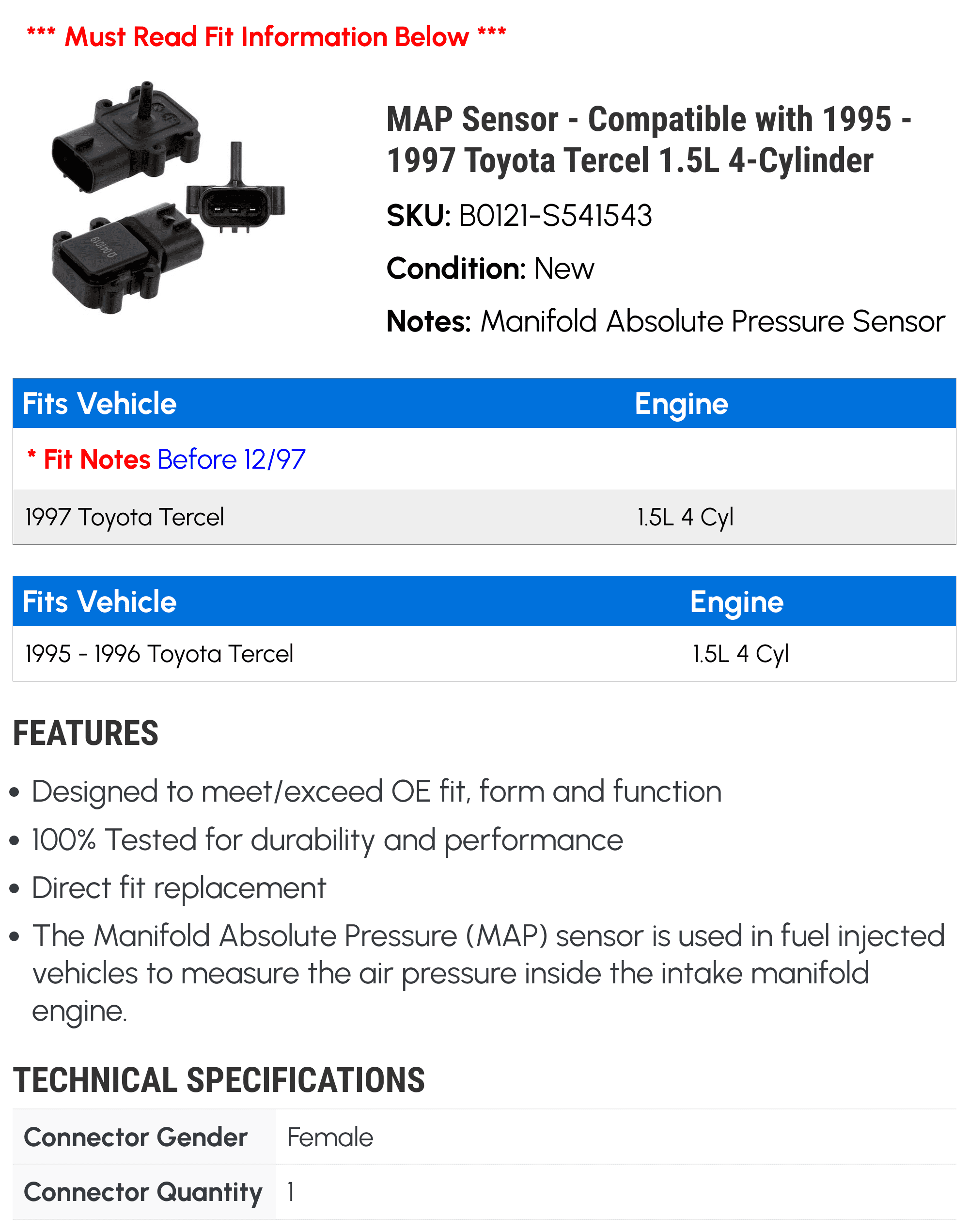 MAP Sensor - Compatible with 1995 - 1997 Toyota Tercel 1.5L 4-Cylinder 1996
