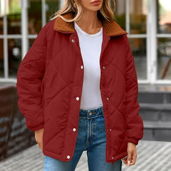 Homenesgenics Winter Coat Winter Clothes Womens Winter Casual Quilted Jacket Long Sleeve Button Down Jacket Thickened Coat Red L