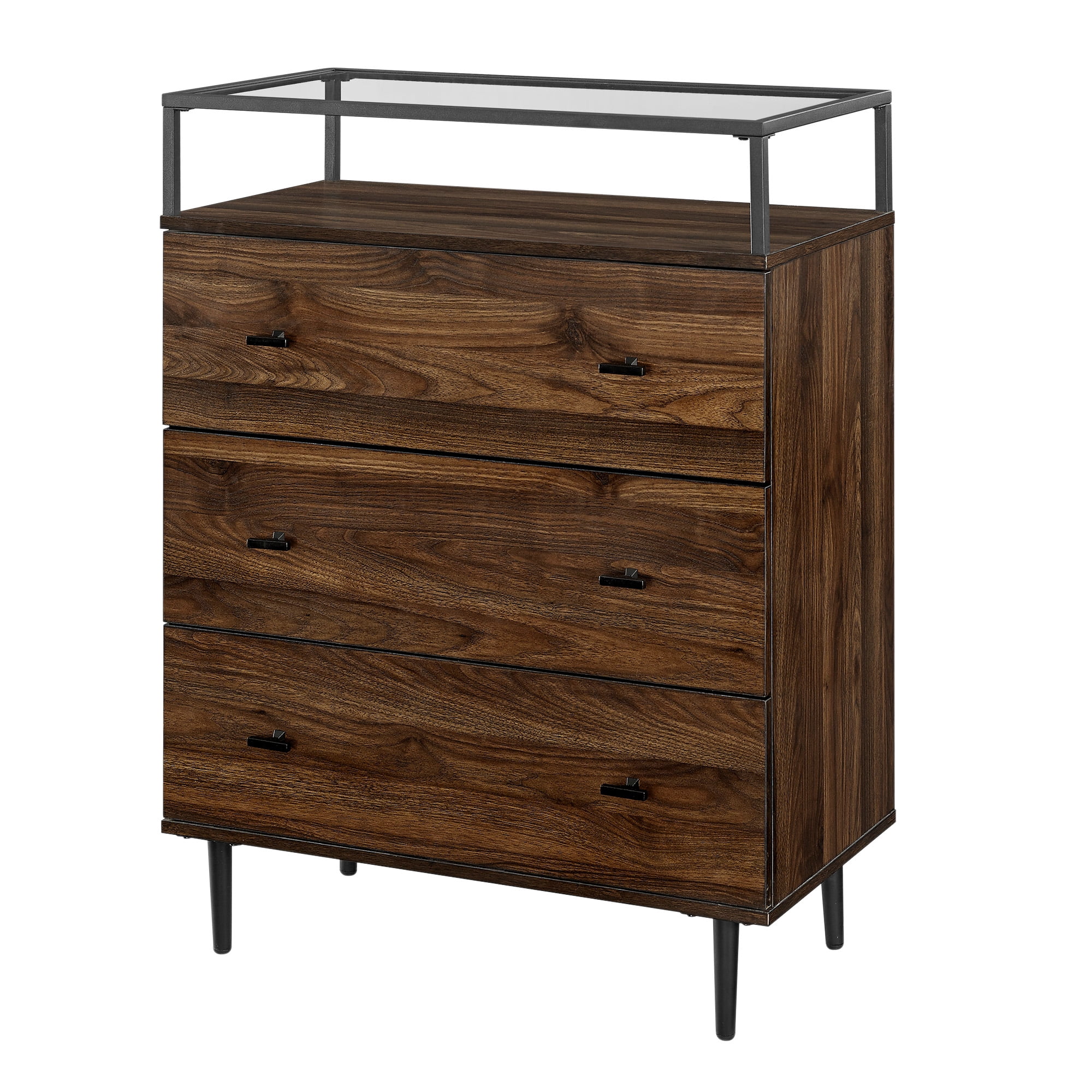 Manor Park Modern Glass Top 3-Drawer Dark Walnut Storage Cabinet