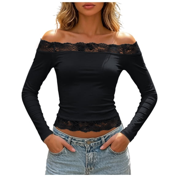 GEWSEY Women's Lace Off The Shoulder Crop Tops Y2k Goth Cinched Waist Long Sleeve Cropped T Shirts Going Out Outfits (Black, S)