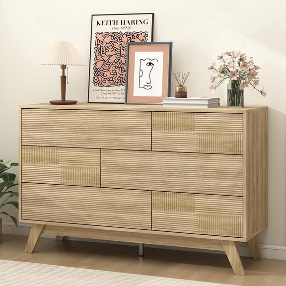 Danpinera Home 6-Drawer Dresser for Bedroom, 47” Modern Handleless Chest of Drawers, Fluted Wooden Storage Cabinet & TV Stand for Closet, Hallway, or Living Room, Natural Oak