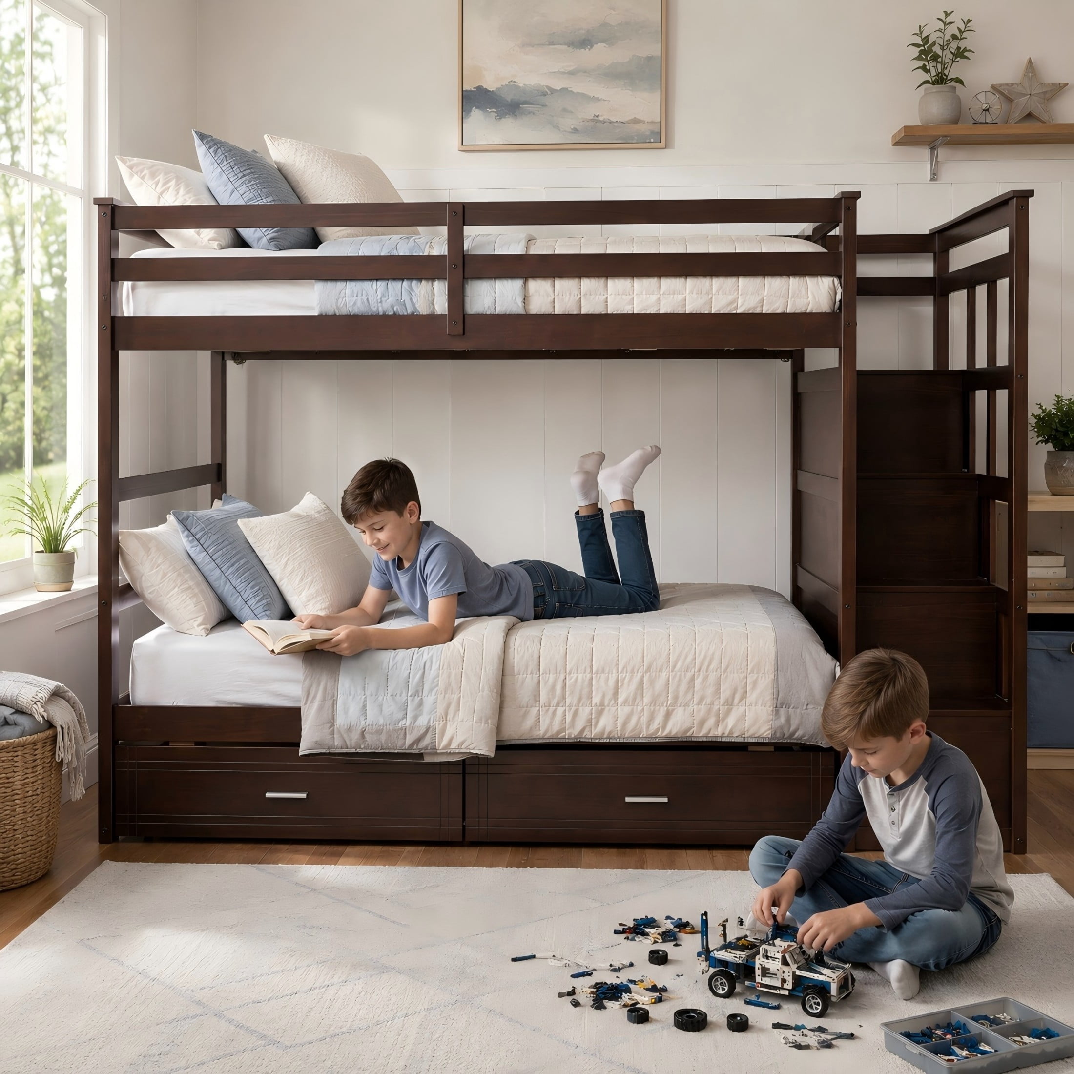 Aukfa Twin over Twin Bunk Bed with 7 Storage Drawers, Wood Bunk Bed with Staircase, Space Saving Design for Kids Bedroom, Espresso