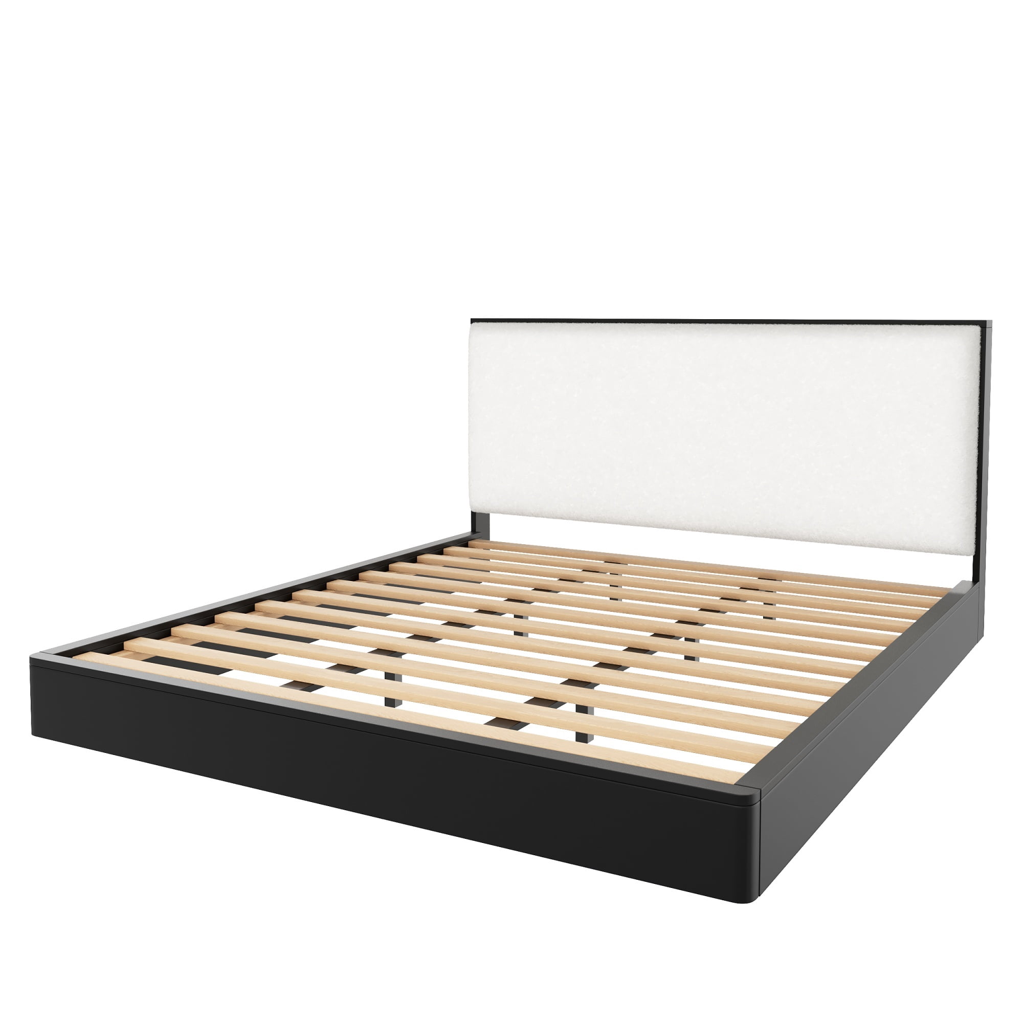 Christopher Knight Home Solid Wood King Platform Bed Frame with Boucle Upholstered Headboard, Black