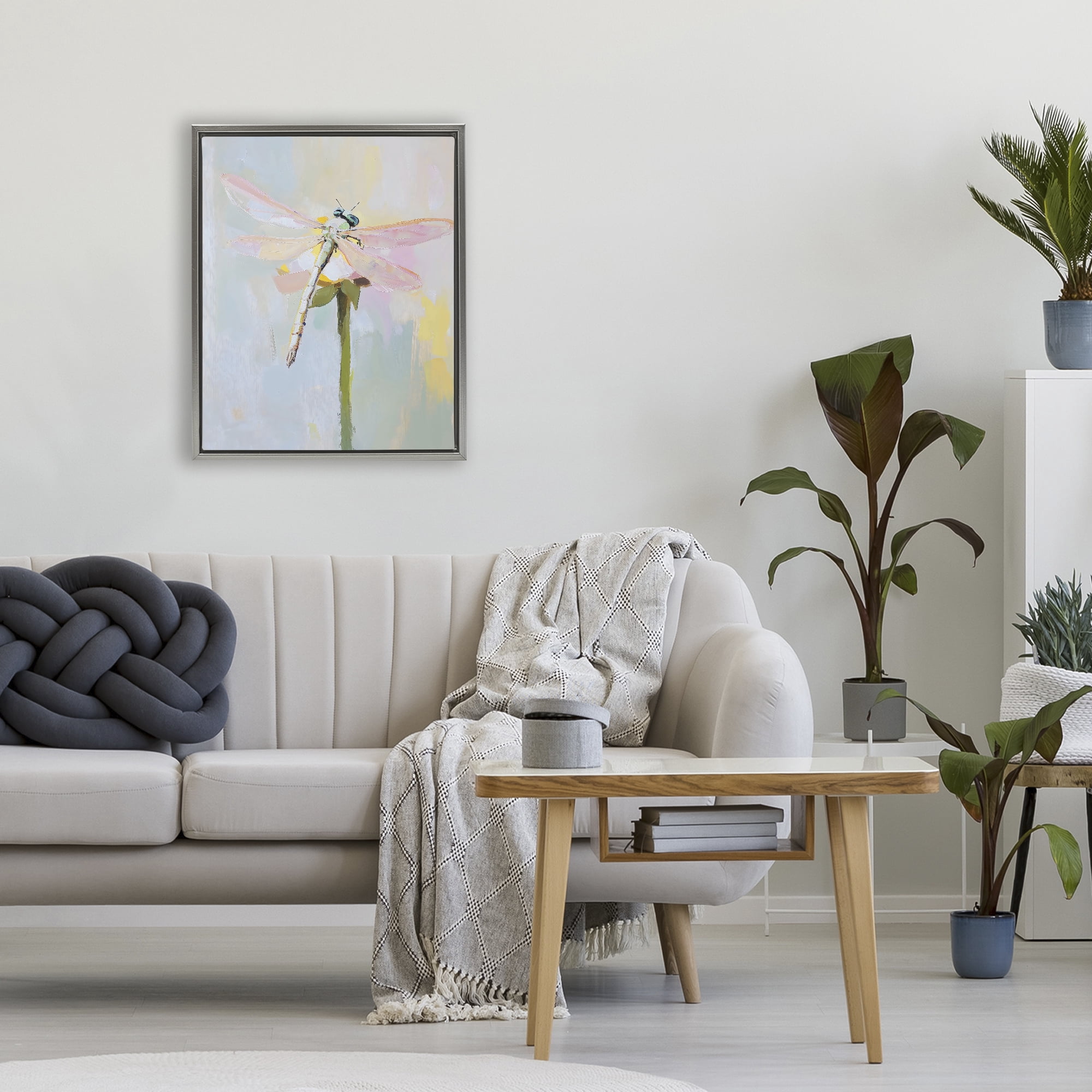 Stupell Industries Pastel Dragonfly Landing Gray Framed Floater Canvas Wall Art, design by The Prints Vibe