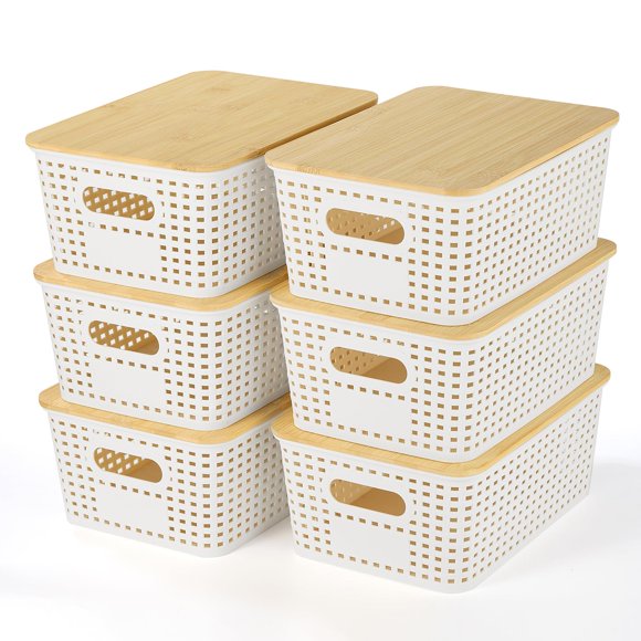Cestas de almacenamiento Ohmlove de plástico con tapa de bambú, paquete de 6
