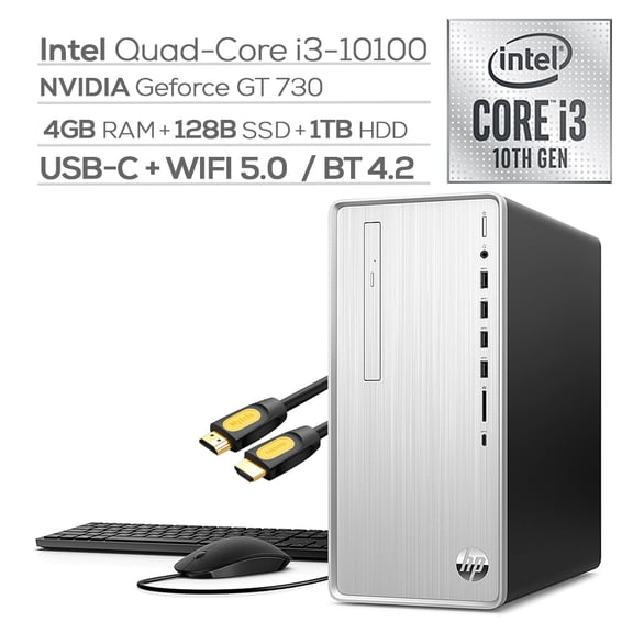 Used HP Pavilion Desktop, Intel 4-Core I3-10100 Up to 4.3Ghz, GeForce GT 730, 4GB DDR4 RAM, 128GB PCIe SSD 1TB HDD, USB-C, DVD, RJ-45, Wi-Fi, HDMI/VGA, Mytrix HDMI Cable, Win 10