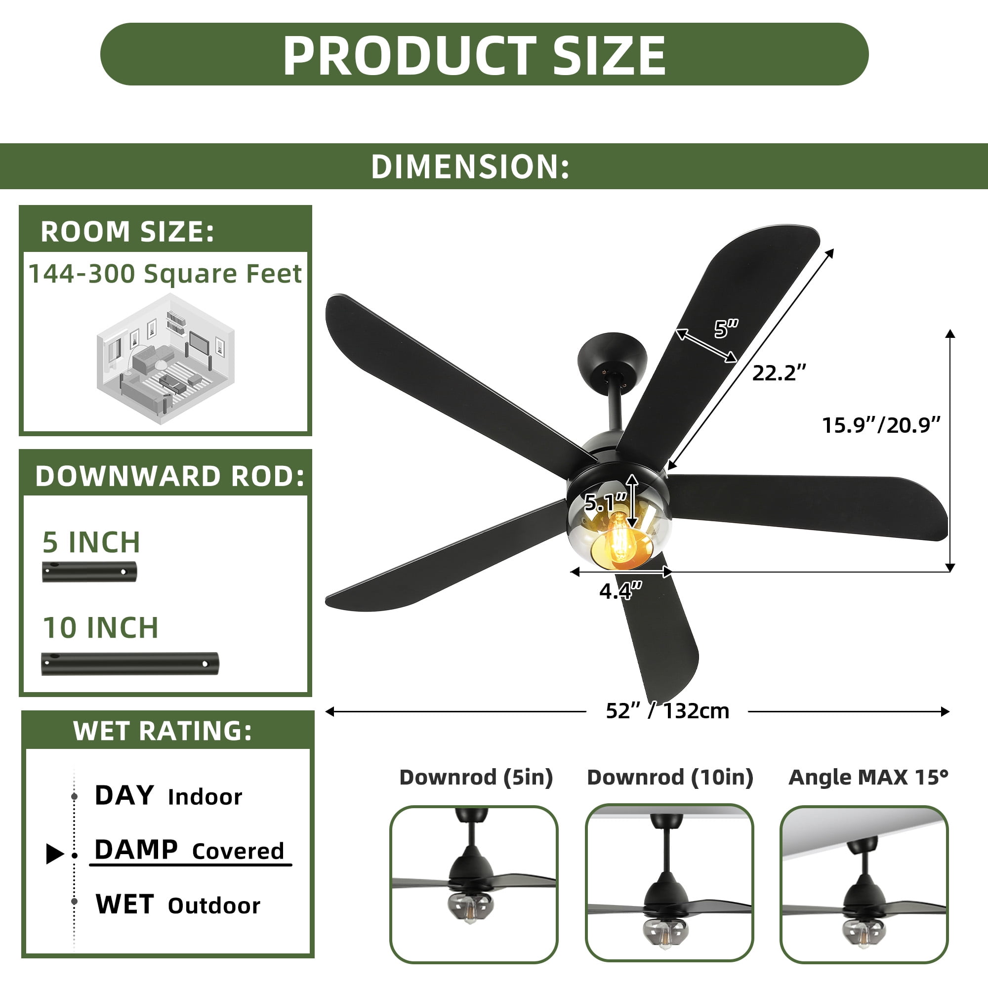 Uforic 52 inch Indoor Black Ceiling Fan with Light and Remote Control,Quiet 6-Speed Reversible DC Motor, 5 Blades for Living Room, Bedroom