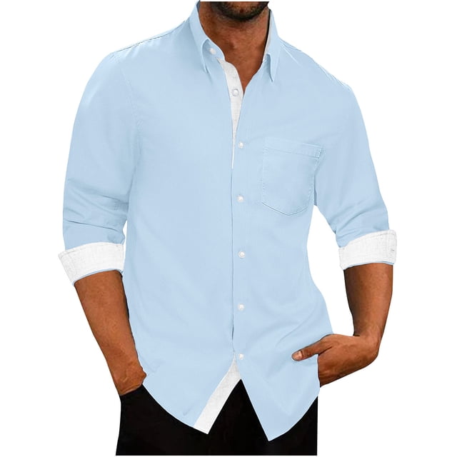 Chemises pour Hommes Manches Longues Mode Décontractée Patchwork Col Rabattu Bouton Chemise Blouse Manches Longues