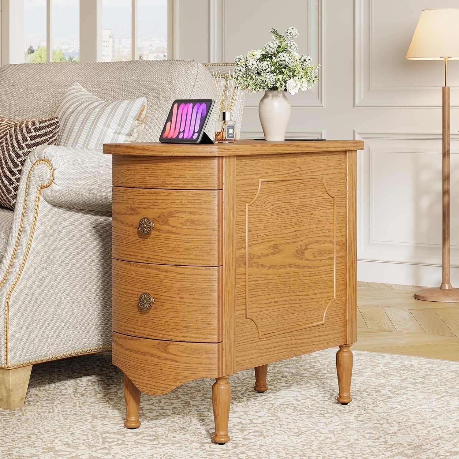 Vividwood Wood End Table with Charging Station, Narrow Side Table with 2 Drawers and Solid Wood Feet, Light Walnut