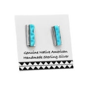 Genuine Sleeping Beauty Turquoise Bar Stud Earrings Sterling Silver, Authentic Indigenous New Mexico Tribe Handmade, Nickel Free