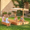 thumbnail image 2 of Qaba Wooden Kids Sandbox with Canopy, Foldable Picnic Table, Bench Seats, 2 of 10