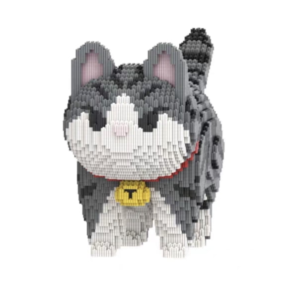 Gray Striped Bell Cat Building Blocks Set, Gift for Birthdays, Home Office Table Centerpiece Decor