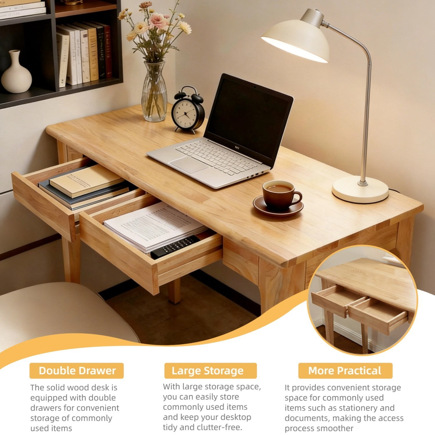 Solid Wood Desk with Drawers 47" Mid Century Modern Writing Desk Home Office Study Table for Bedroom Living Room, Wood