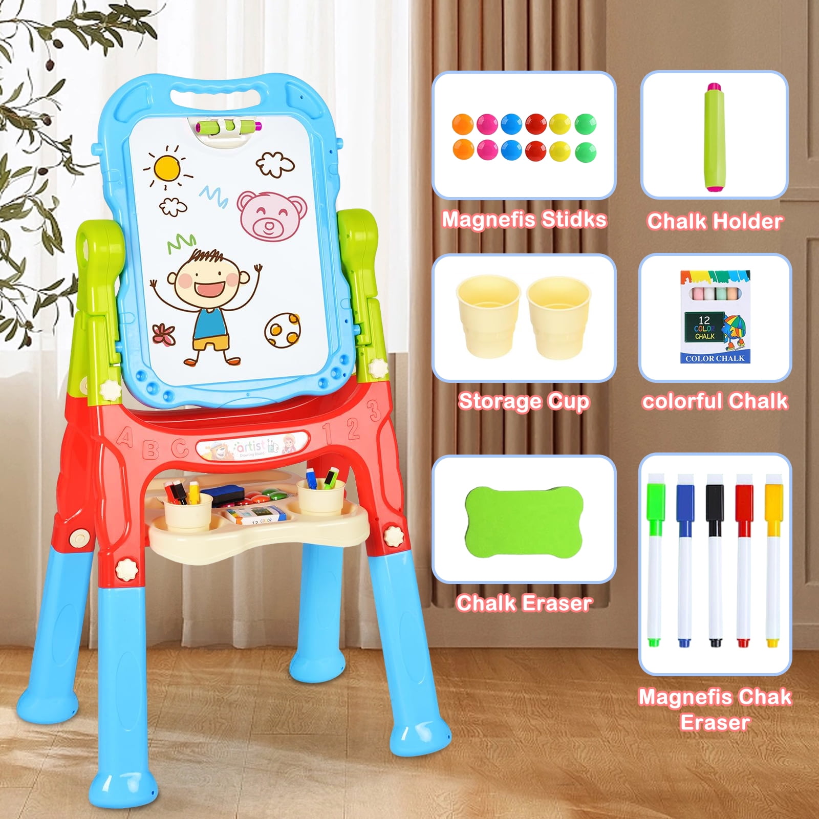 JBeeCtrl Easel for Kids Rotatable Double Sided White Board & Chalk Board Adjustable Standing Kids Art Easel w/ Paint Accessories for Boys Girls Birthday Christmas Birthday Gifts for Kids 3-6 Blue
